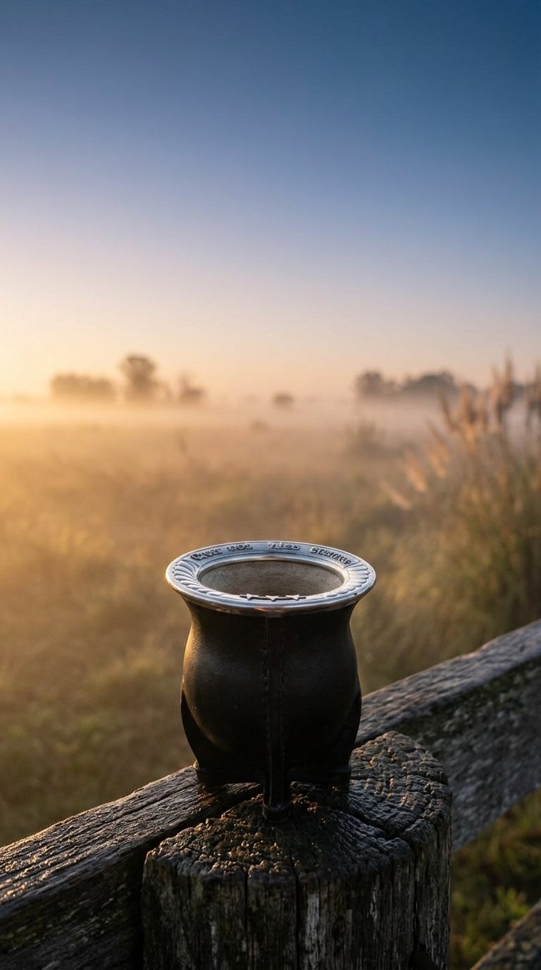 El mate de la linea AFA apoyado en un poste de madera, con el campo al amanecer detras