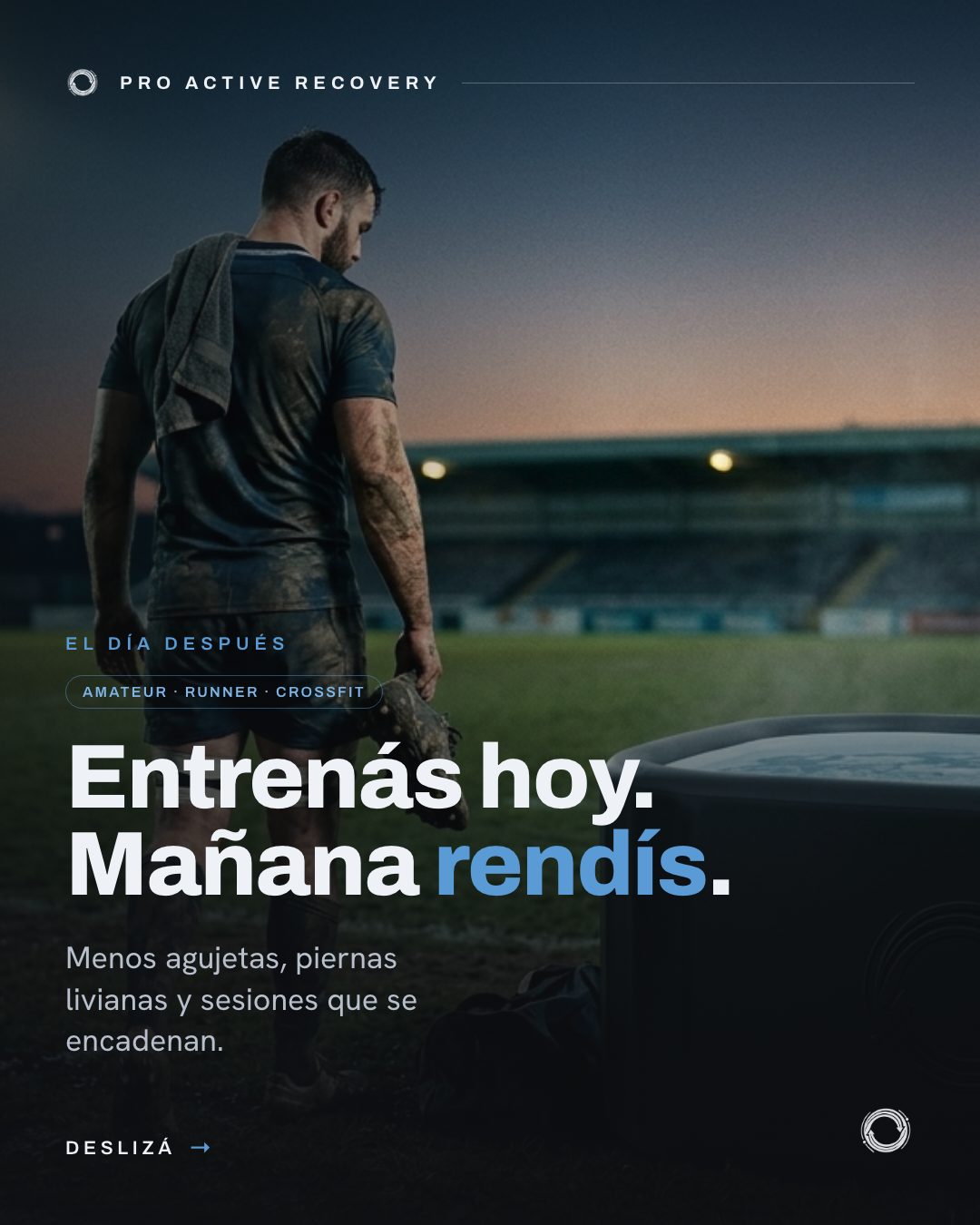 Pieza Entrenás hoy, mañana rendís, con jugador de rugby al atardecer